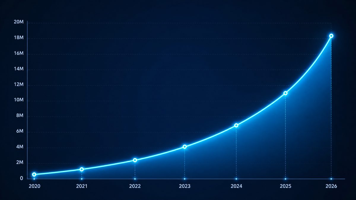 成人漫画用户增长数据图表,展示2020-2026年注册用户从50万增长至1800万的趋势